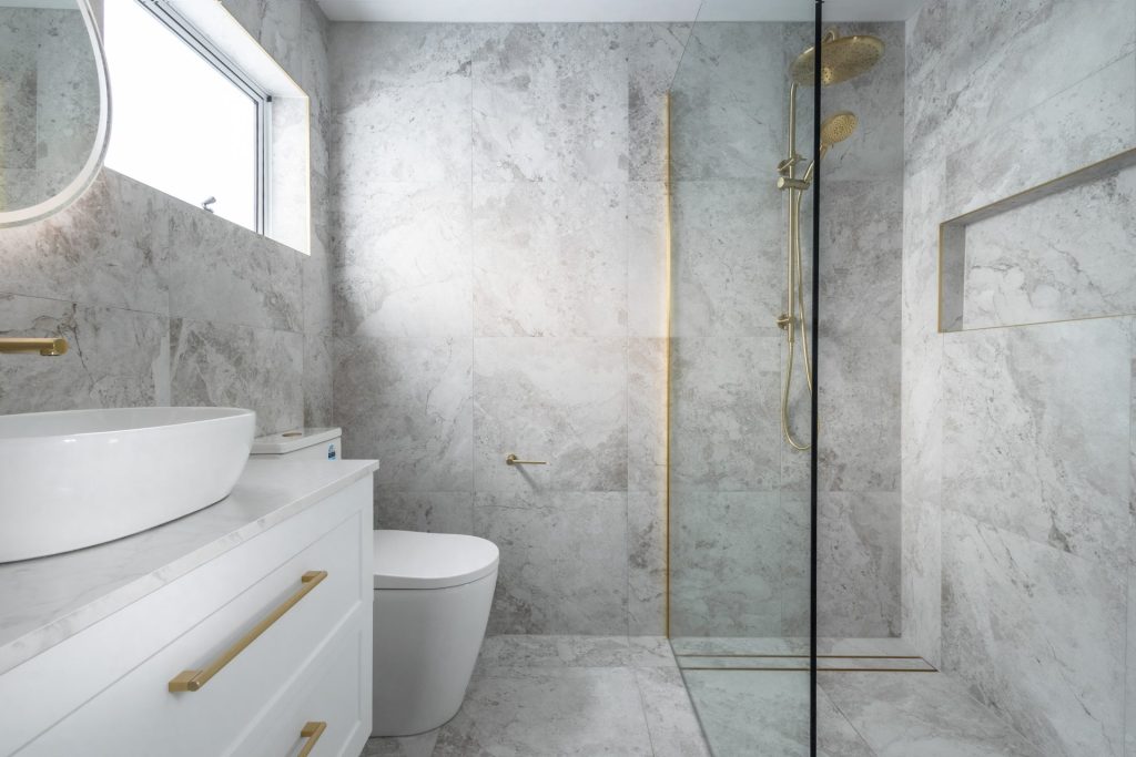 Modern bathroom makeover Canberra gold fixtures